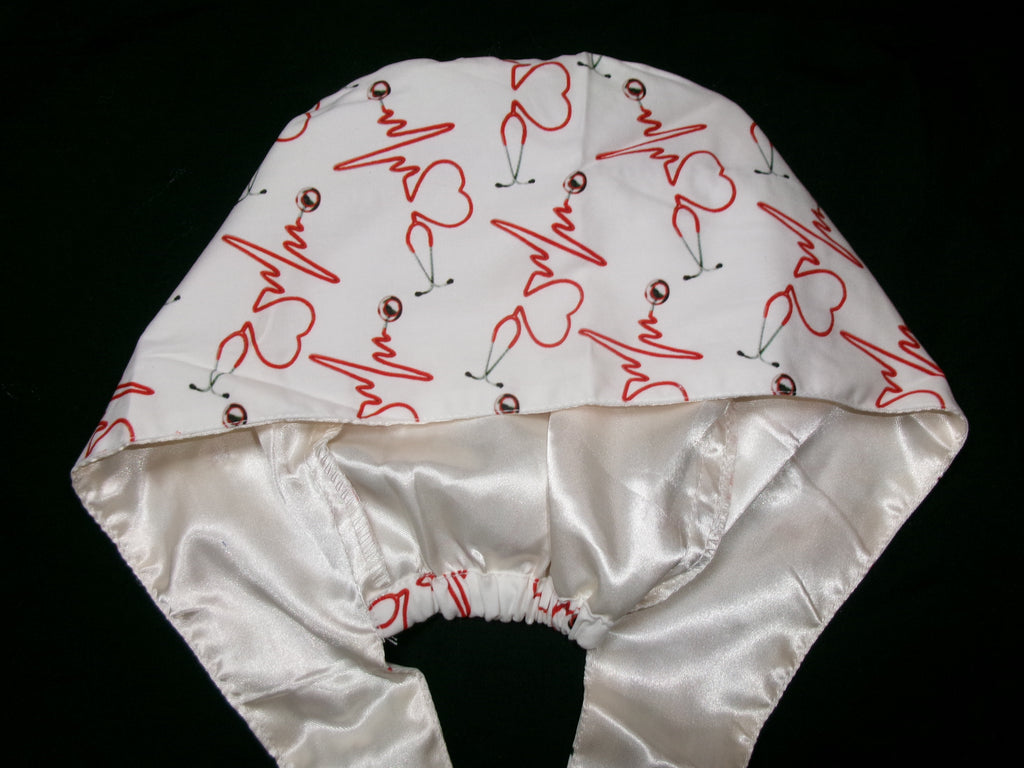 Heart Stethoscope Satin Lined Scrub Cap