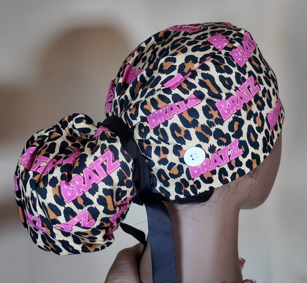 Cheetah Print Bratz Satin Lined Ponytail Scrub Cap