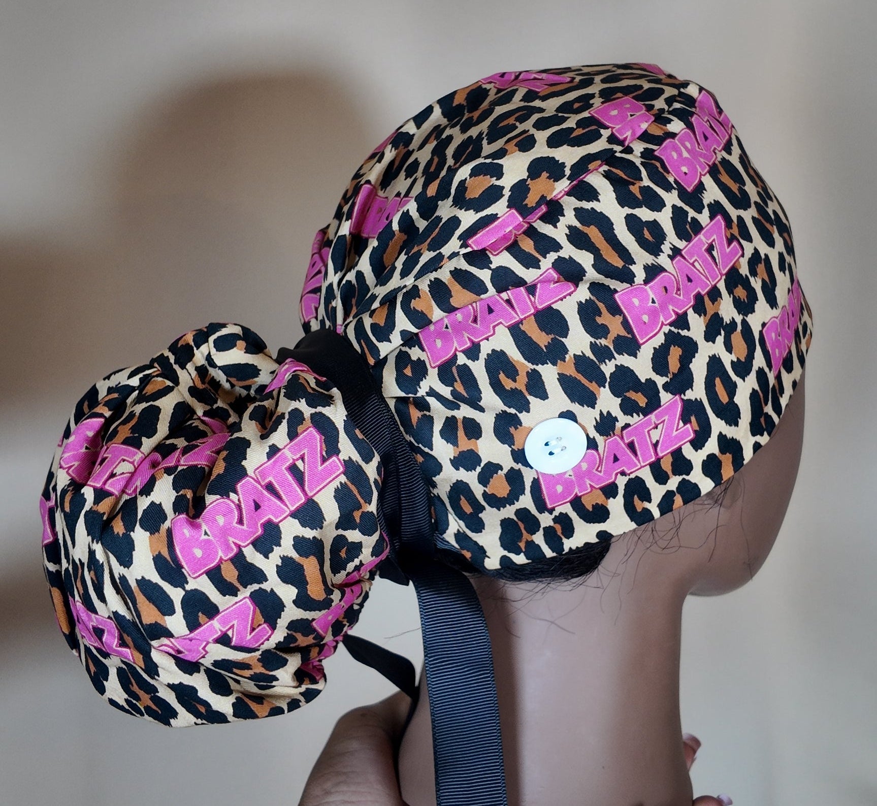 Cheetah Print Bratz Satin Lined Ponytail Scrub Cap