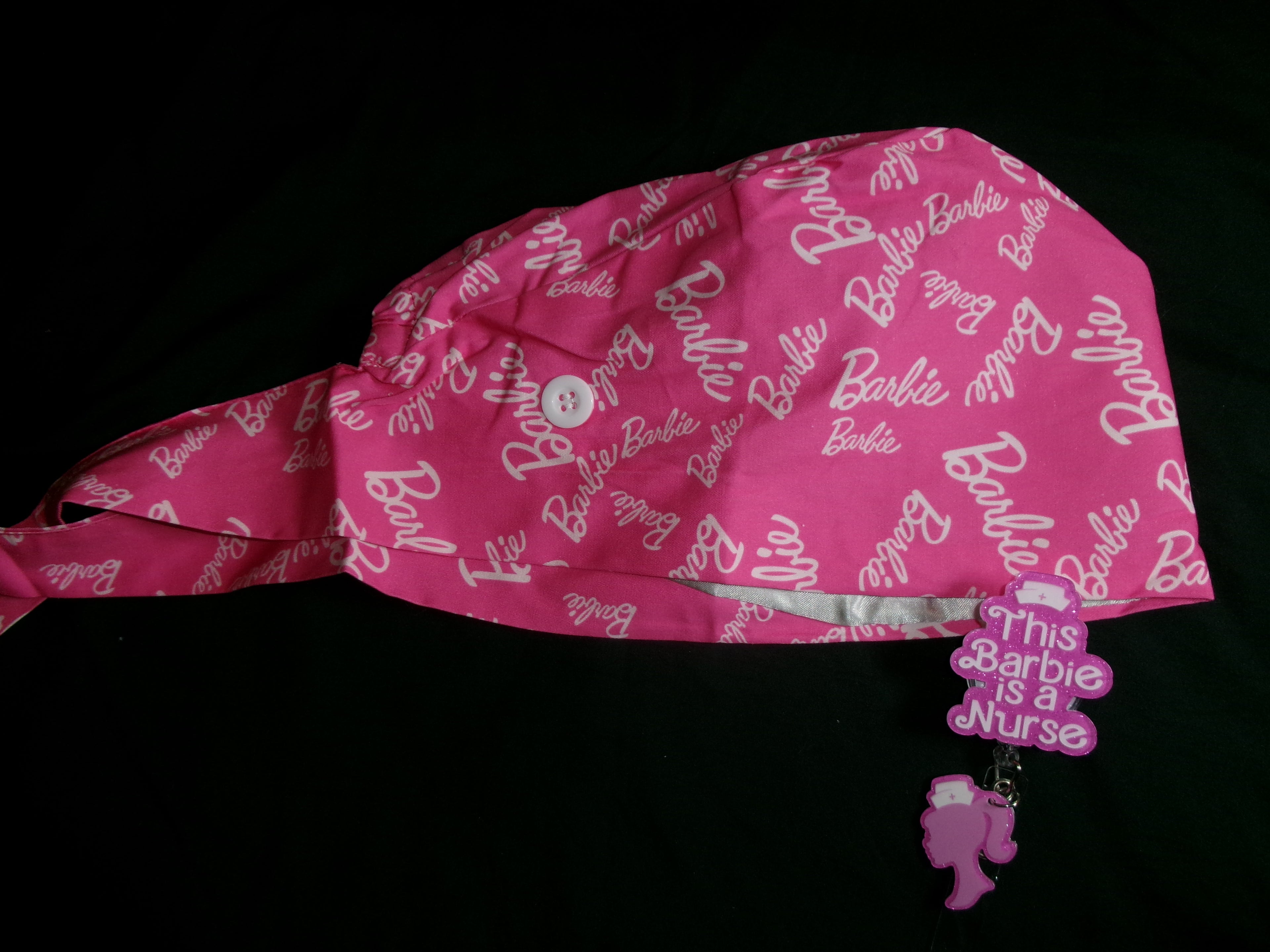 Pink & White Barbie Satin Lined Scrub Cap & Badge Reel Duo