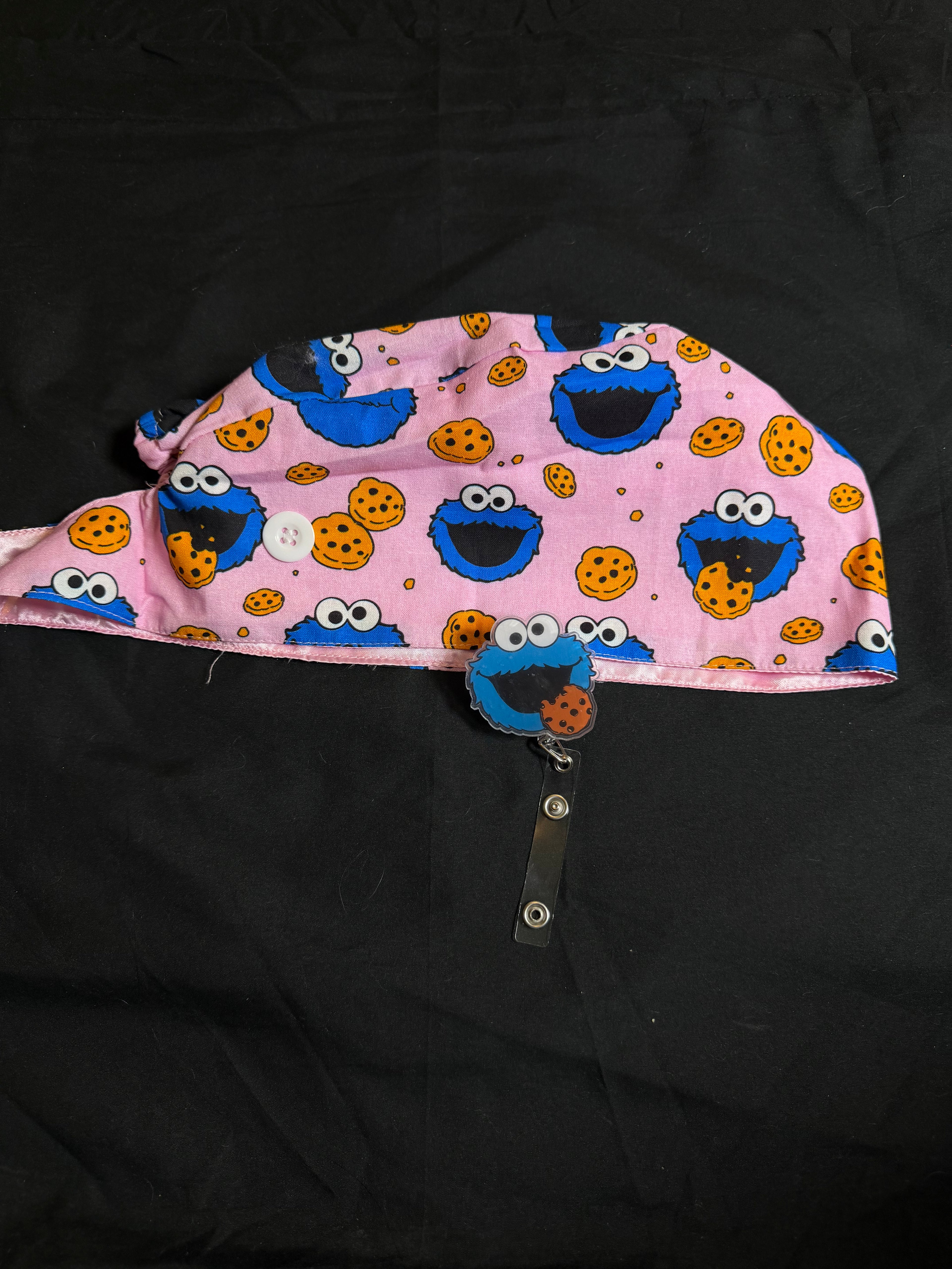 Cookie Monster Satin Lined Scrub Cap & Badge Reel Duo