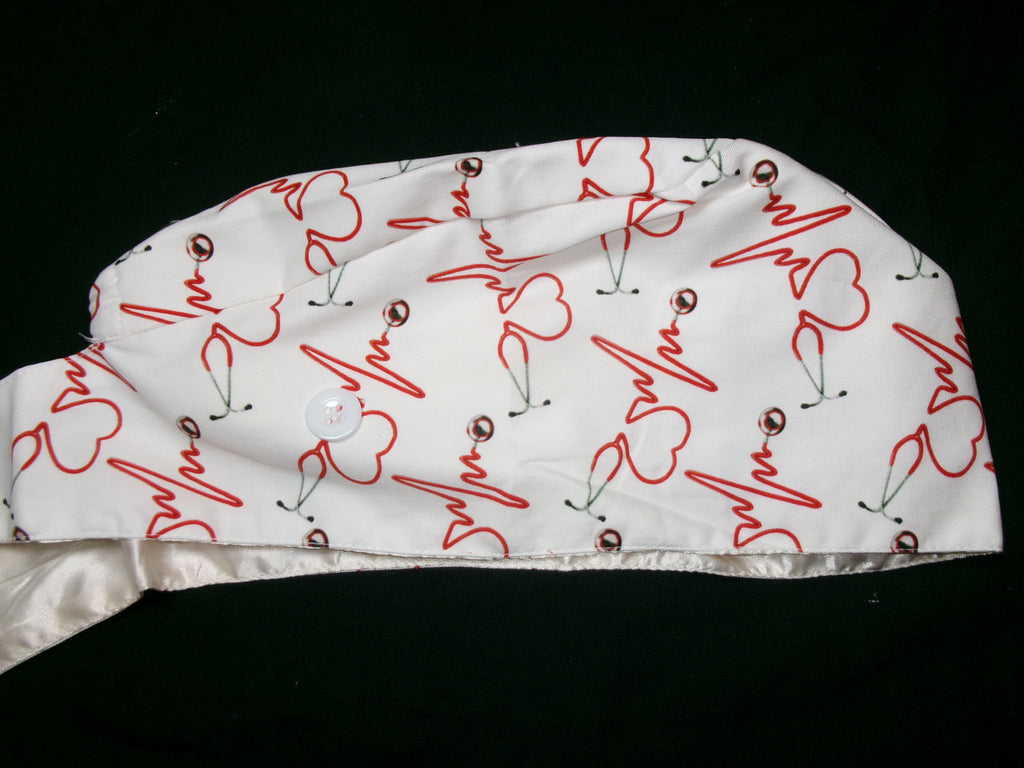 Heart Stethoscope Satin Lined Scrub Cap