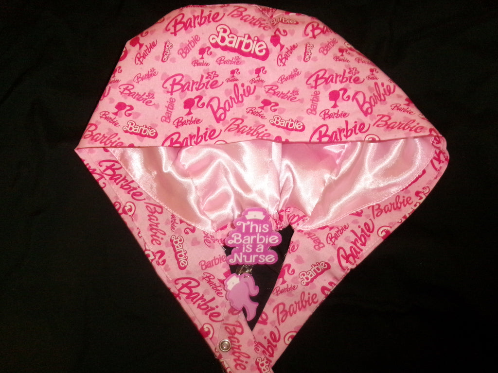 Pink Barbie Satin Lined Scrub Cap & Badge Reel Duo