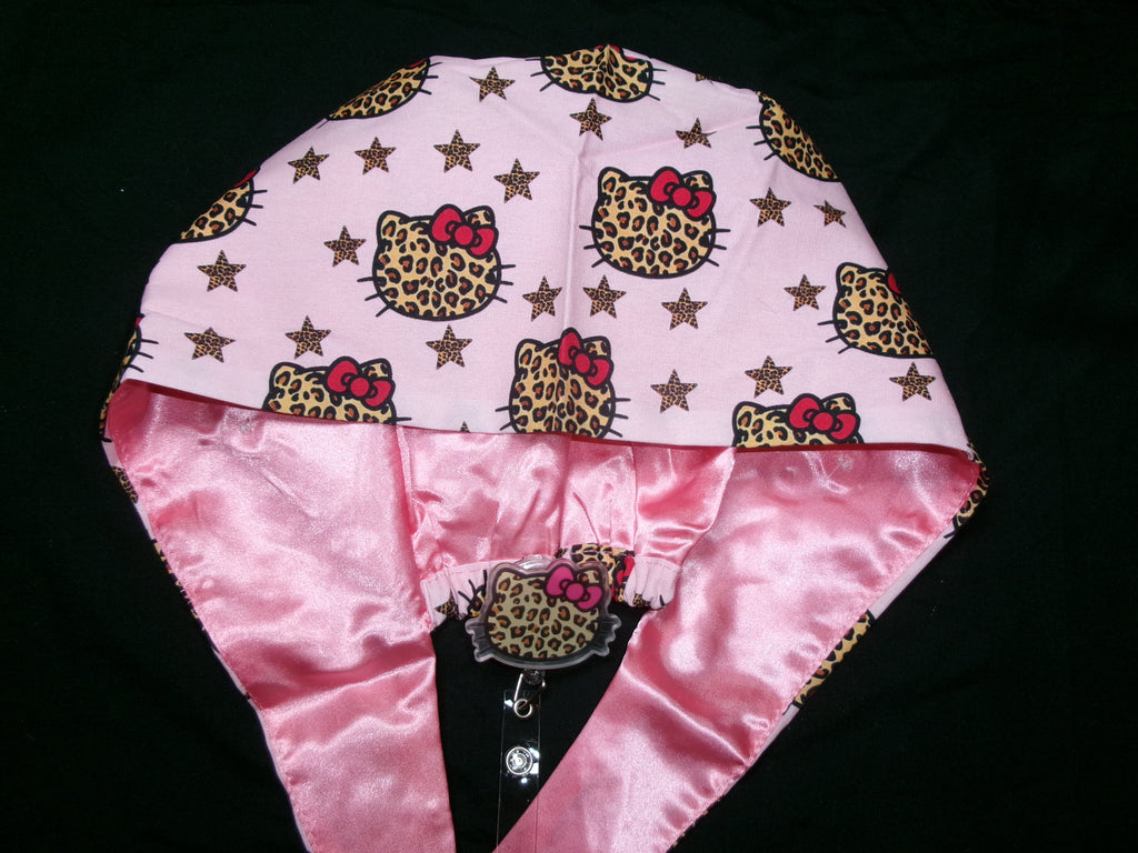 Cheetah Hello Kitty Satin Lined Scrub Cap & Badge Reel Duo
