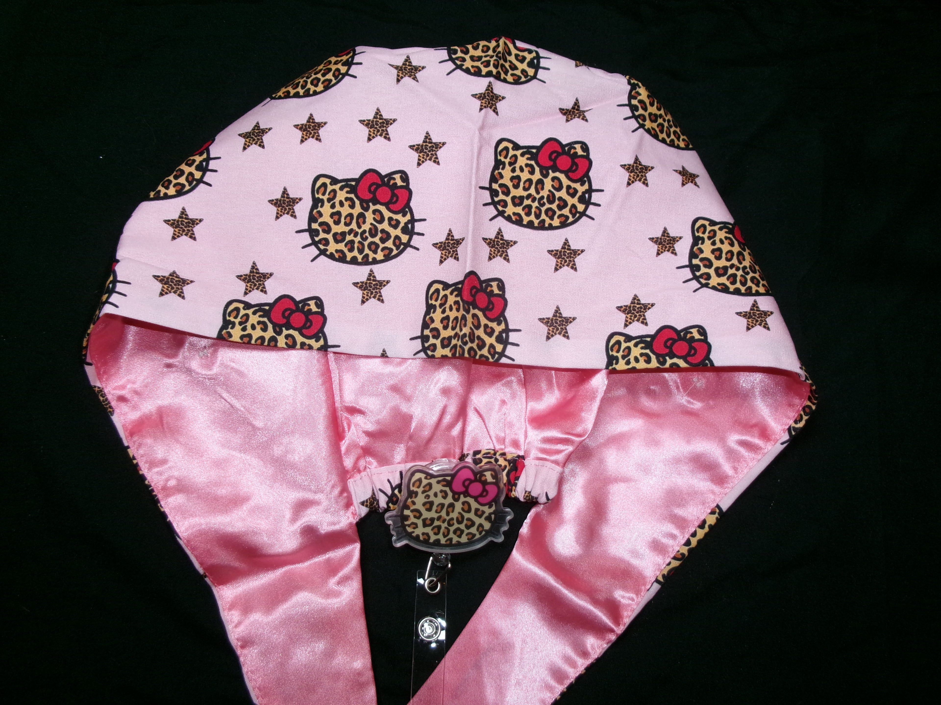 Cheetah Hello Kitty Satin Lined Scrub Cap & Badge Reel Duo
