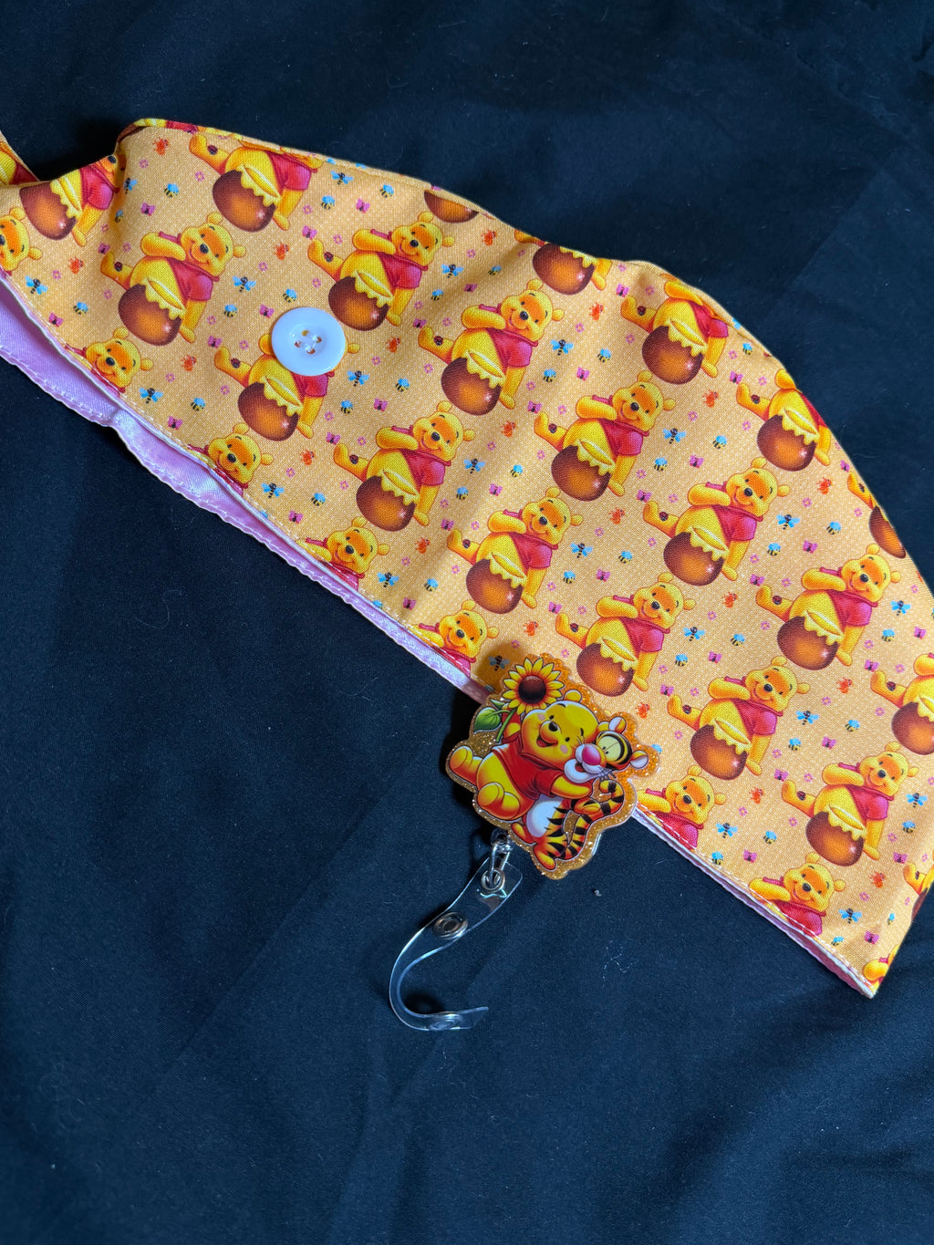 Winnie & The Pooh Satin Lined Scrub Cap Badge Reel Duo