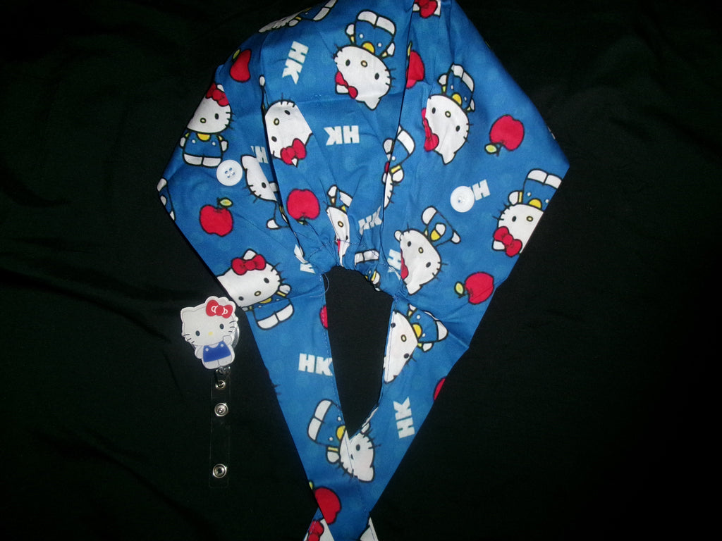Blue Hello Kitty Satin Lined Scrub Cap & Badge Reel Duo