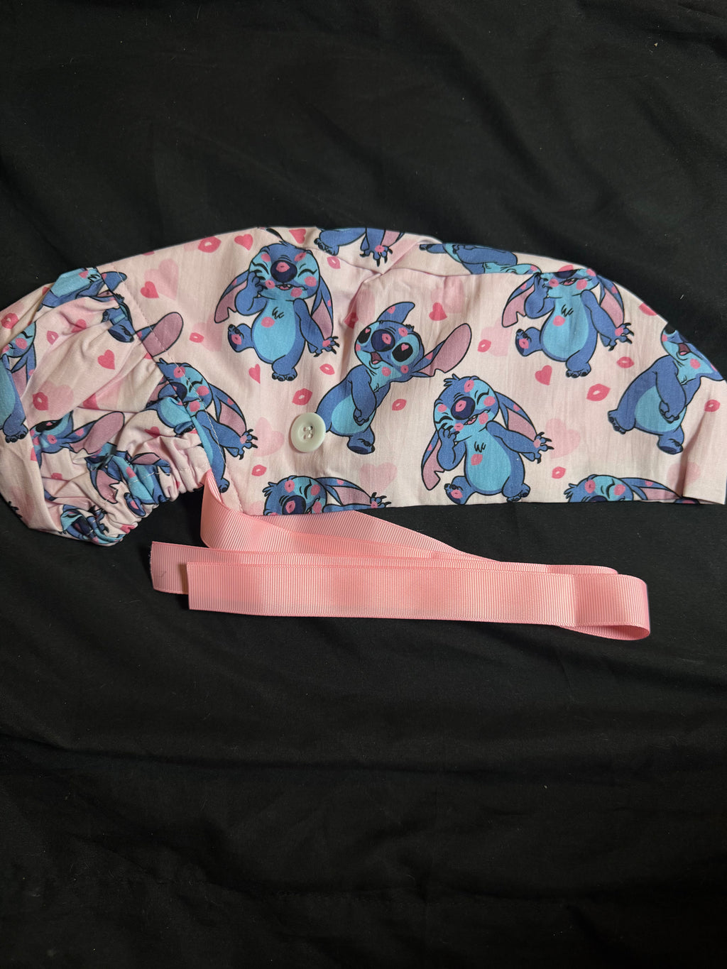 Stitch Hearts Ponytail Satin Lined Scrub Cap