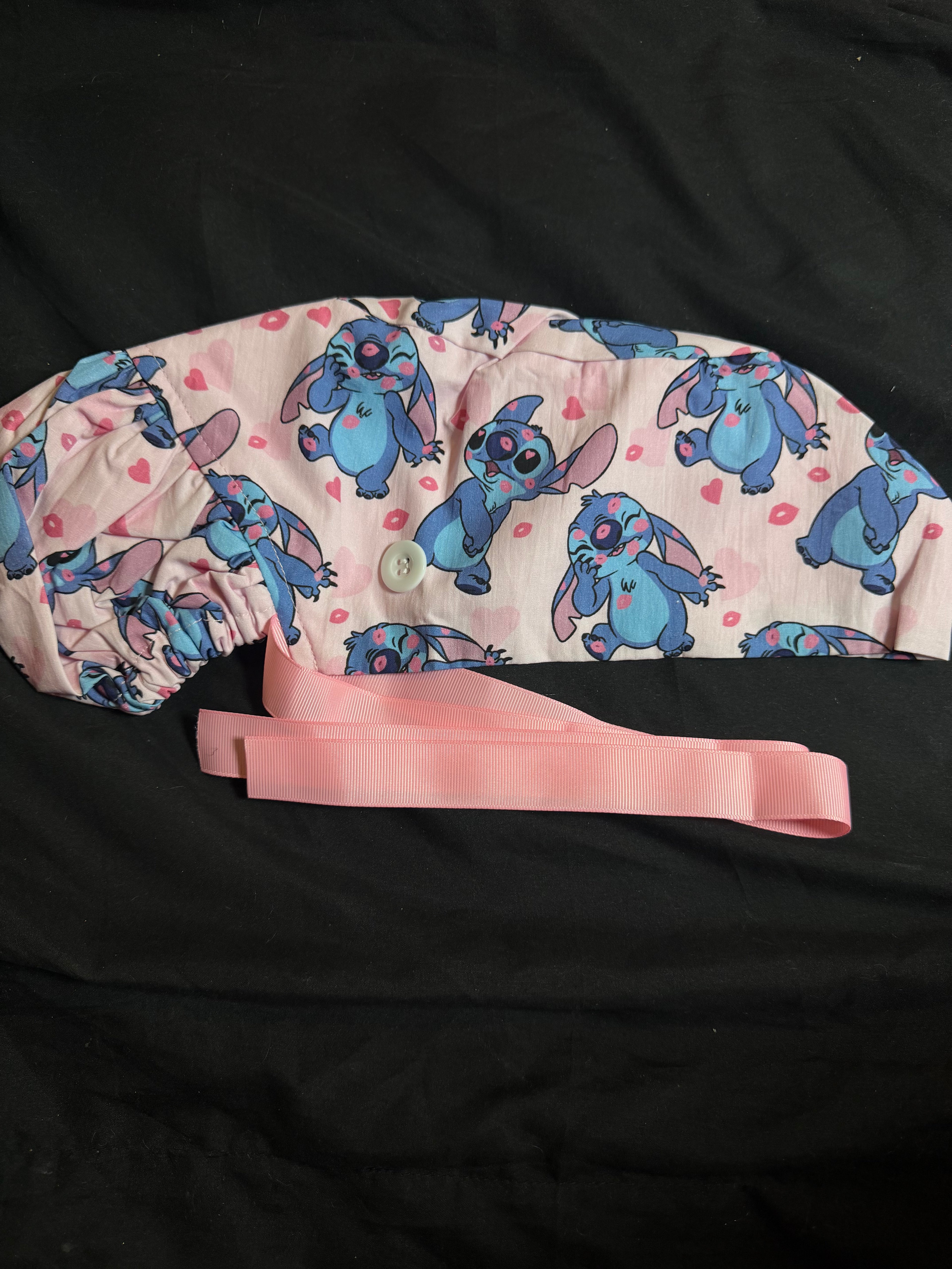 Stitch Hearts Ponytail Satin Lined Scrub Cap