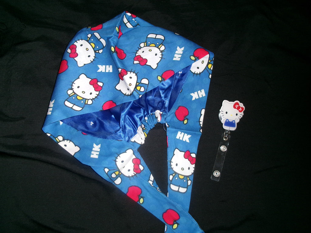 Blue Hello Kitty Satin Lined Scrub Cap & Badge Reel Duo