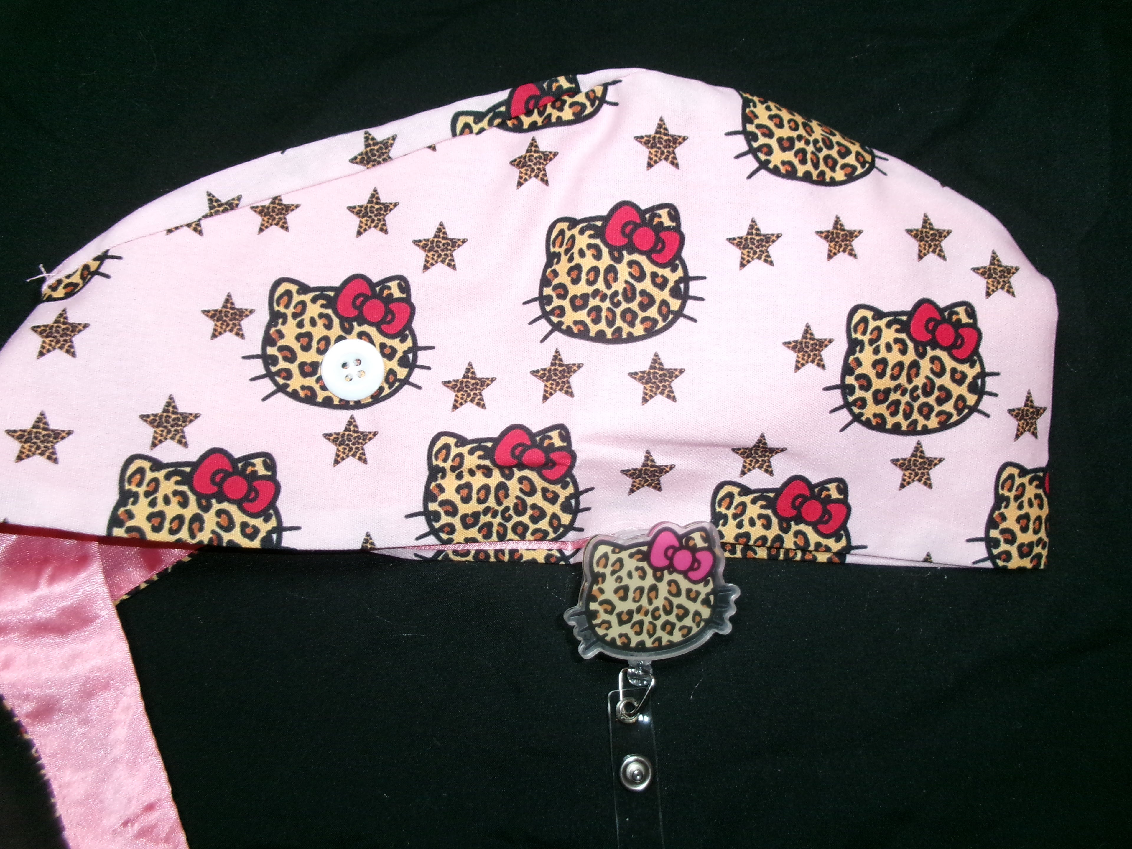 Cheetah Hello Kitty Satin Lined Scrub Cap & Badge Reel Duo