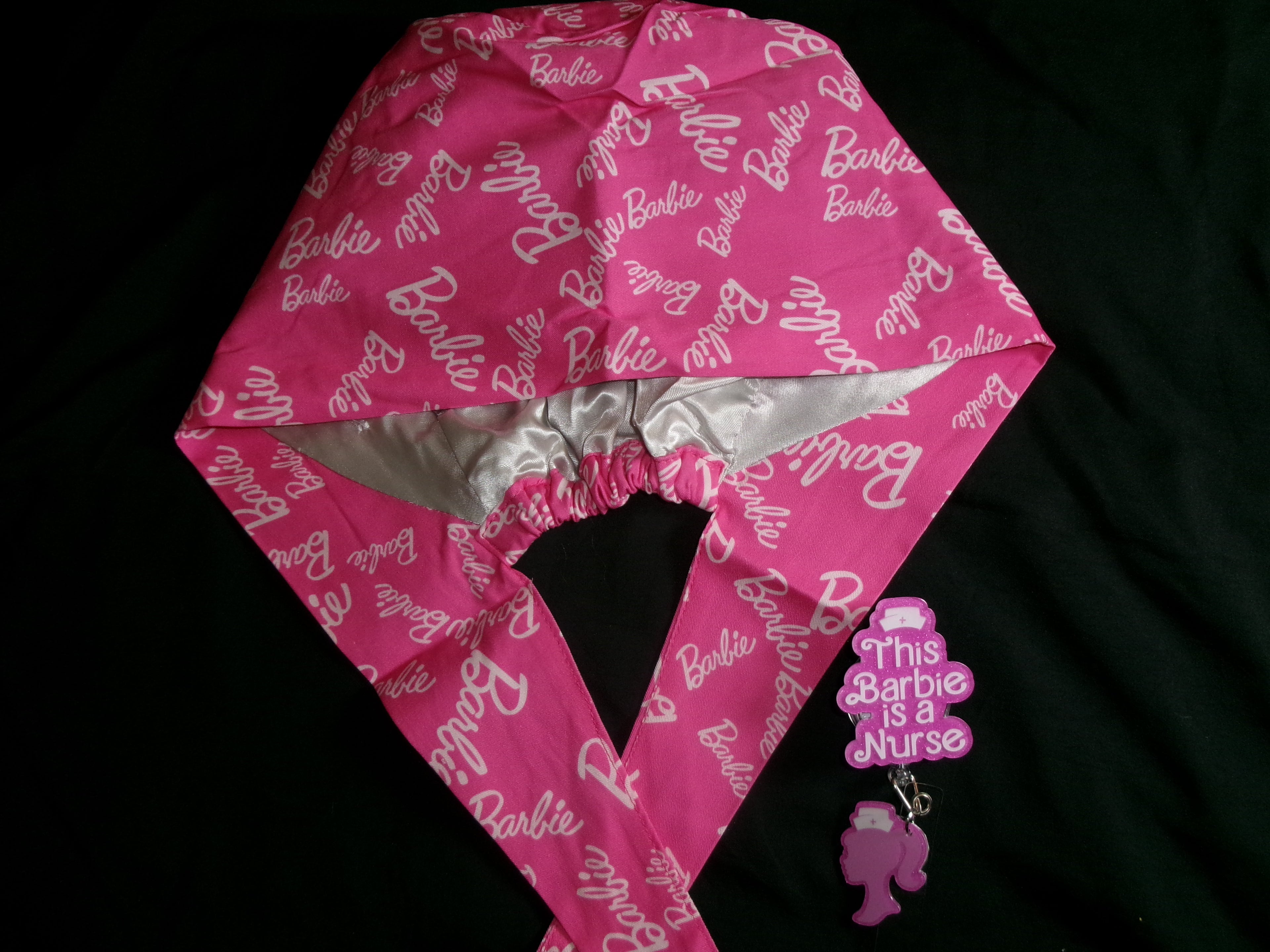 Pink & White Barbie Satin Lined Scrub Cap & Badge Reel Duo