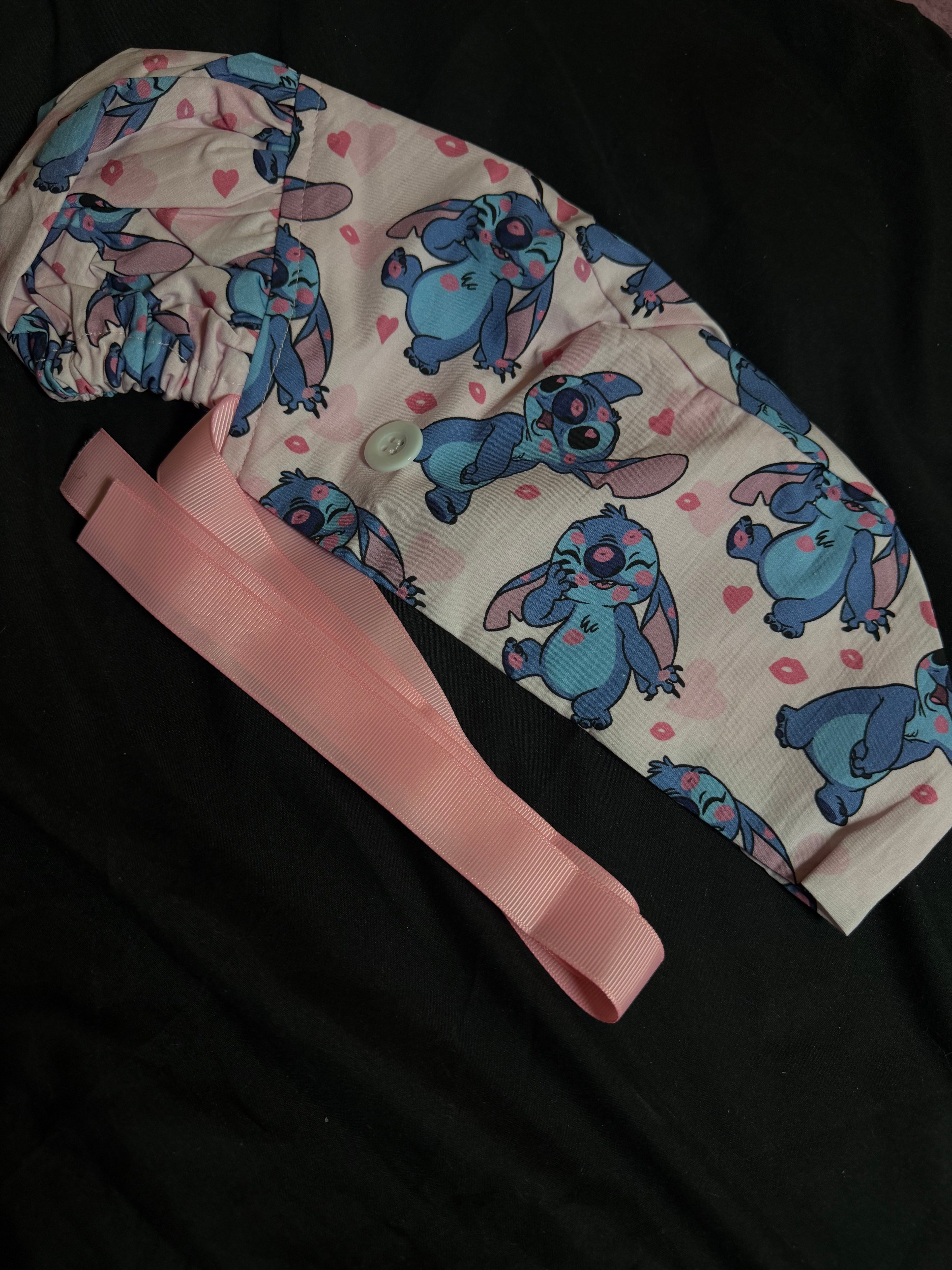 Stitch Hearts Ponytail Satin Lined Scrub Cap