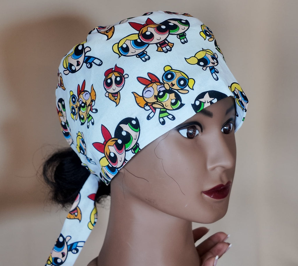 White Power Puff Girls Satin Lined Scrub Cap