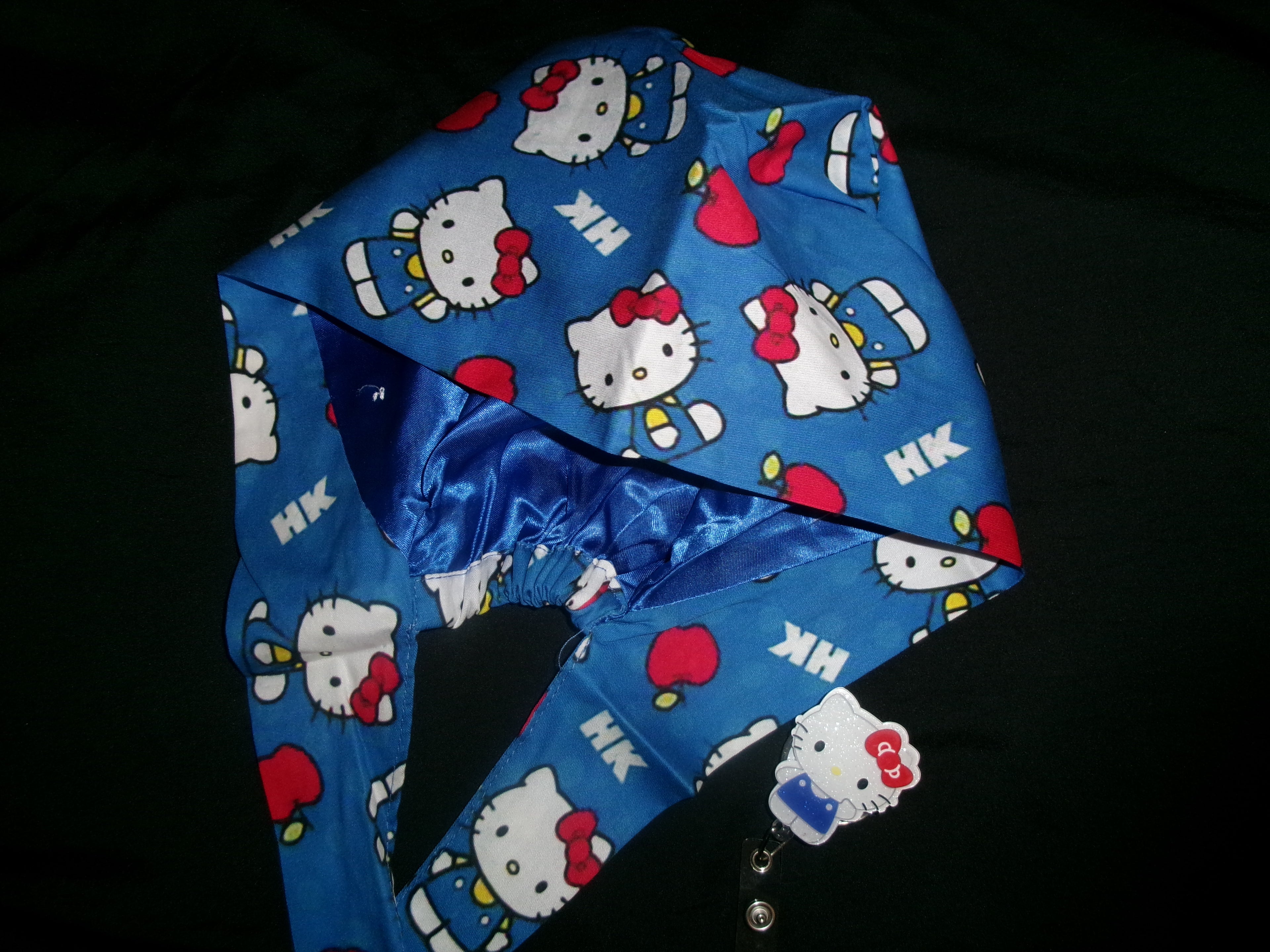 Blue Hello Kitty Satin Lined Scrub Cap & Badge Reel Duo