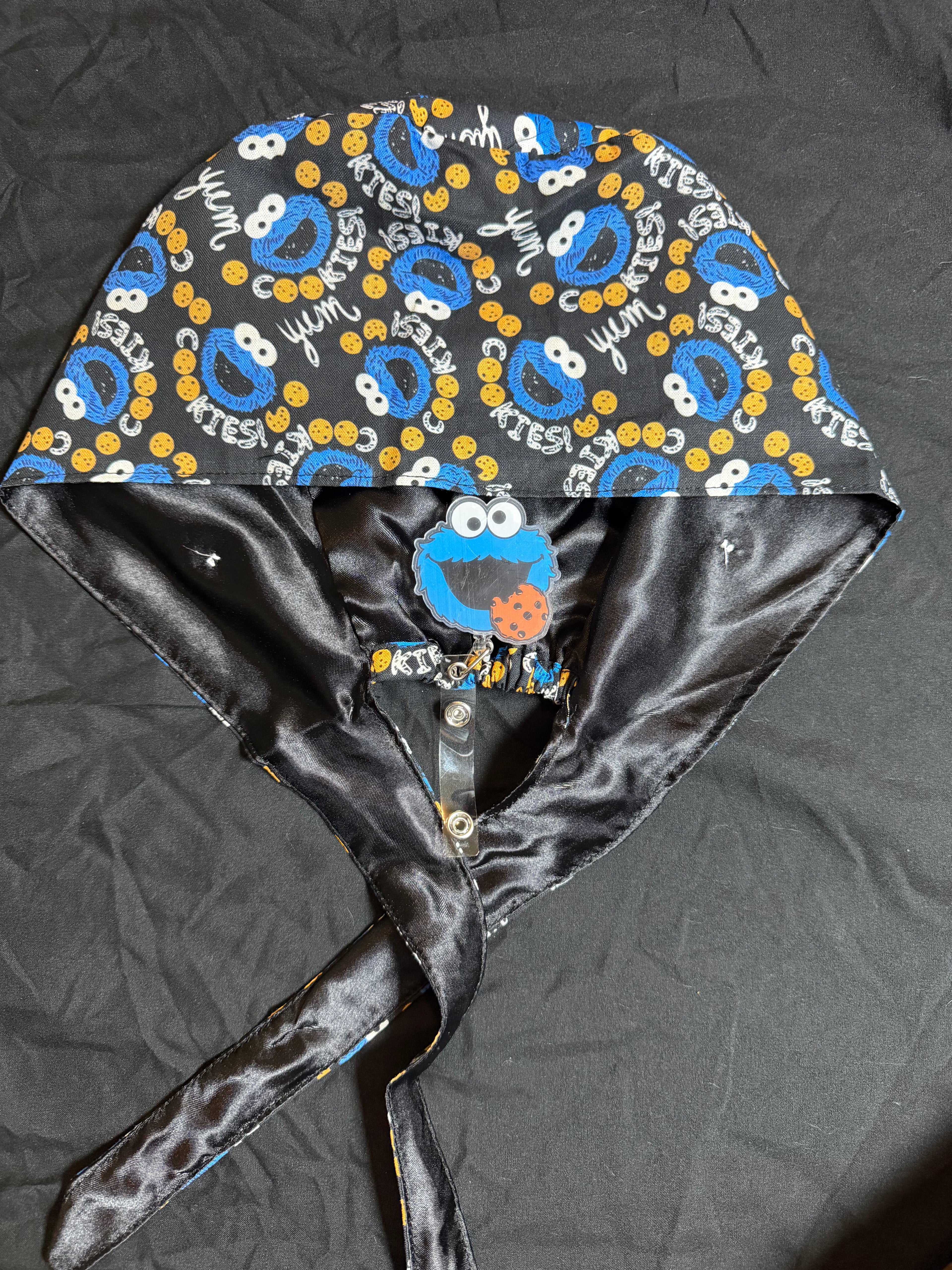 Cookie Monster Satin Lined Scrub Cap & Badge Reel Duo