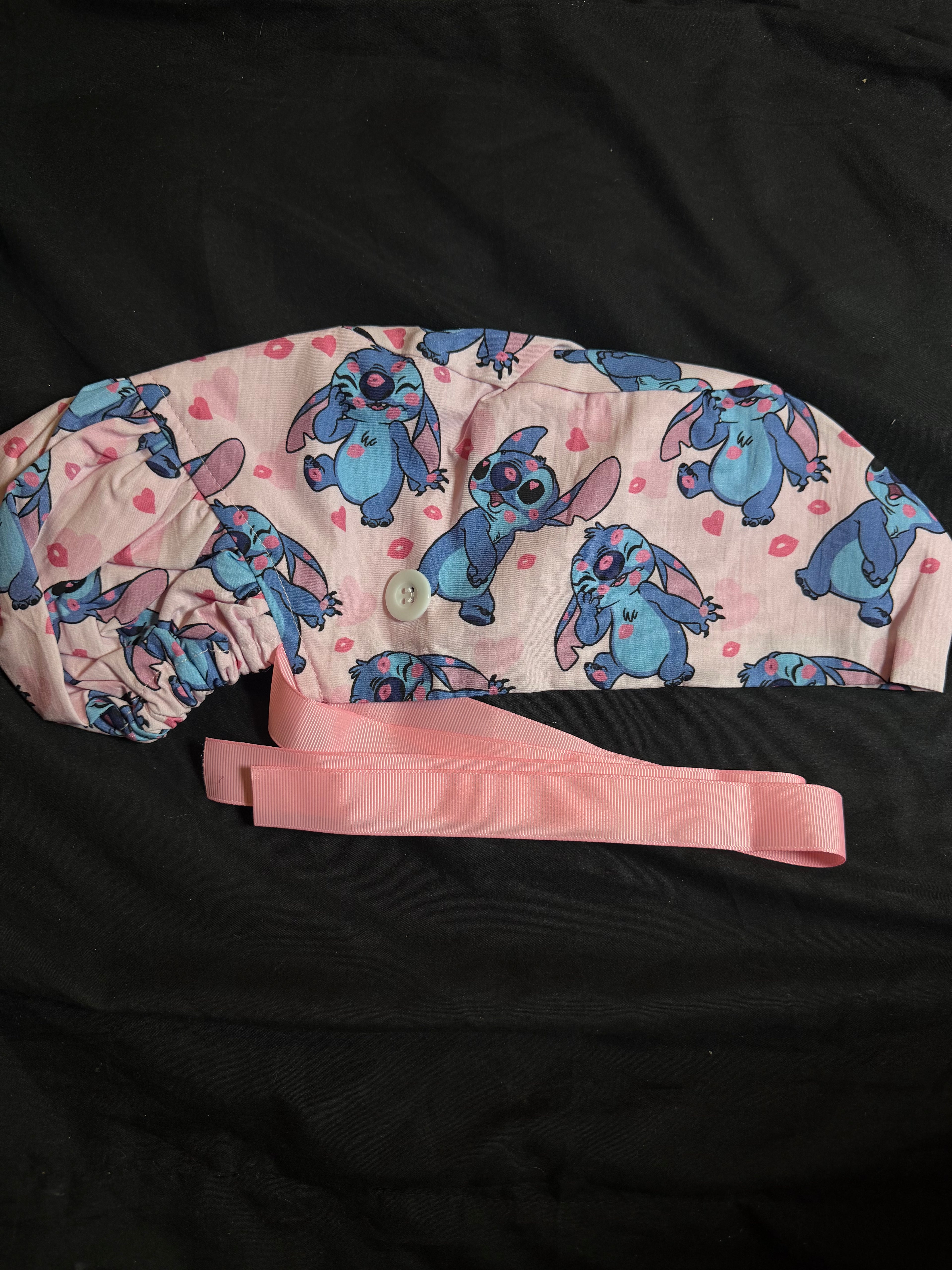 Stitch Hearts Ponytail Satin Lined Scrub Cap